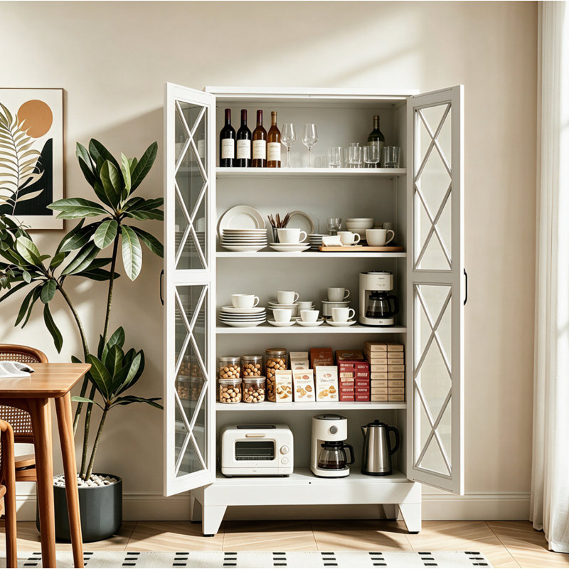 Armoire de rangement en métal de 71 po de hauteur avec 2 portes et 4 tablettes réglables (blanche), Blanc, LG, GlassDoor
