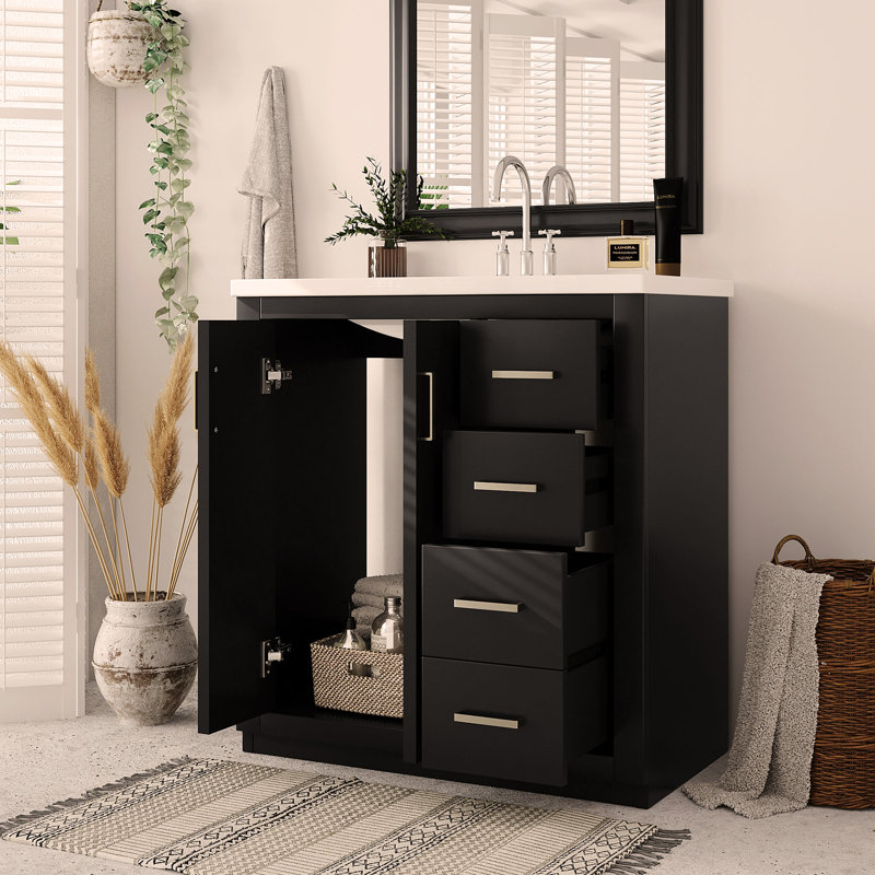 Ensemble de meuble-lavabo 30 po avec lavabo en résine, ensemble de meuble-lavabo autoportant avec 3 tiroirs et portes à fermeture douce