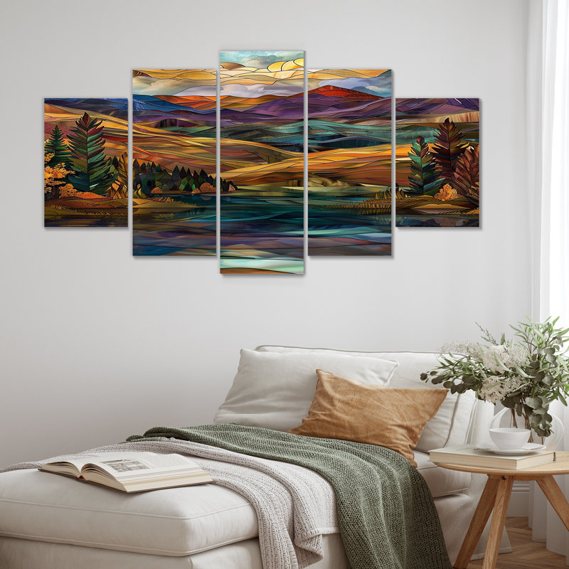 «Mountain Lake Faded Autumn Colors», ensemble de 5 décorations murales abstraites, H 32 po x l 60 po