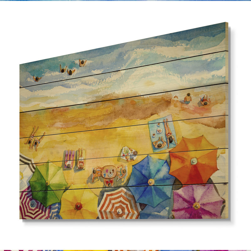 Aérien, plage de Miami Pastel - peinture sur bois sans cadre, H 24 po x l 36 po x P 1 po