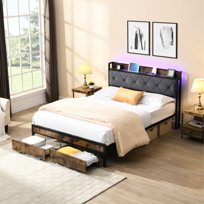 Full Bed Frame With Remote - Controlled Led Lights, Storage Headboard, Charging Station, Ample Storage, Quiet And Stable Modern Bedroom