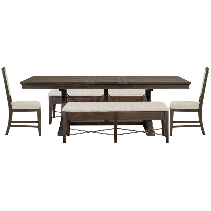 Extendable Trestle Dining Table With 2 Upholstered Benches And 2 Upholstered Side Chairs