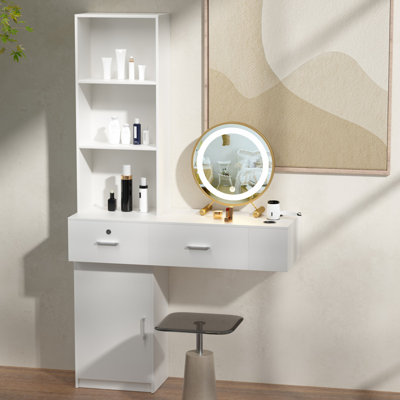 White Modern Black Hair Styling Station With Multi-Layer Storage, Drawers & Cabinet – Space-Saving Vanity Desk