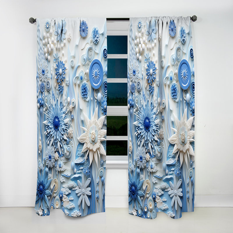 Carreaux botaniques bleues et blanches IV de Mabel - Rideau moderne - Velours obscurcissant - 1 panneau, L 52 po x L 63 po
