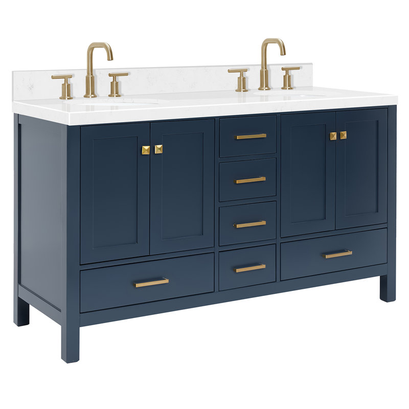 Cambridge 60.25'' Double Bathroom Vanity with Carrara Quartz Top, Midnight Blue / Satin Brass