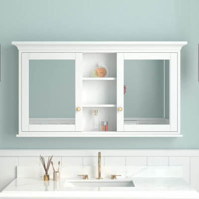 55''W X 30''H Surface Mount Solid Wood Framed Medicine Cabinet With Mirror And Shelves
