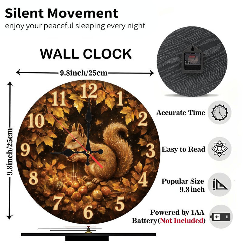 autumn squirrel clock leaves nuts design