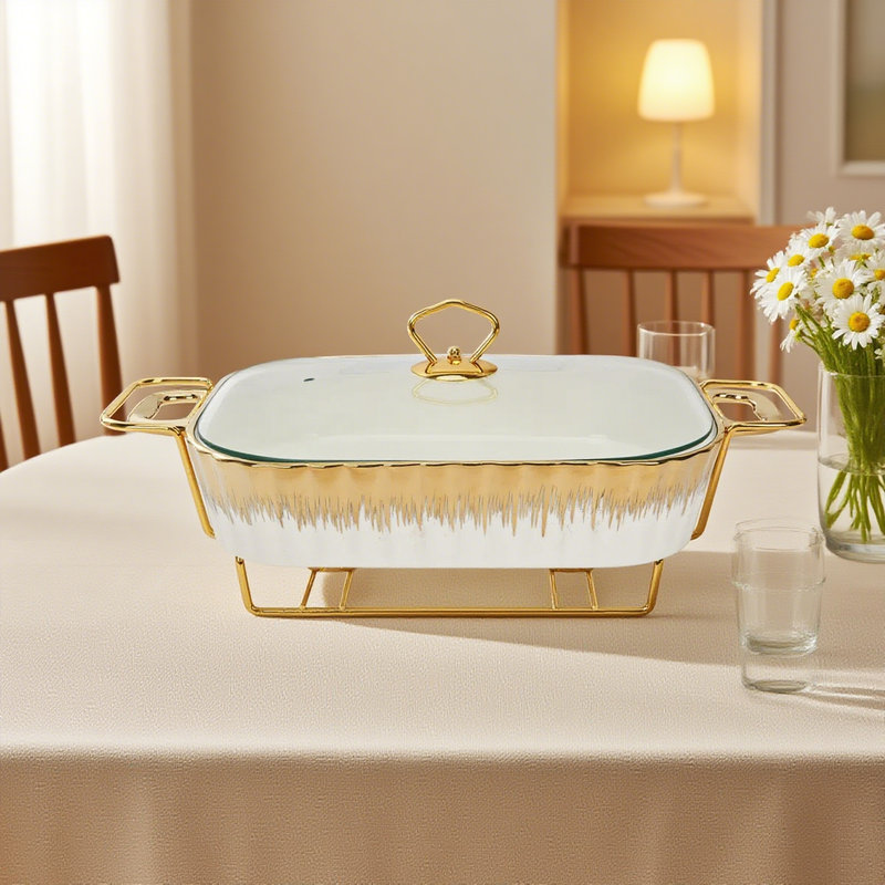 Gold Rimmed Rectangular Ceramic Buffet Server