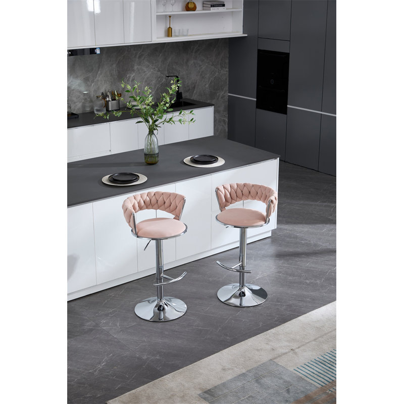 Set Of 2 Bar Stools,With Chrome Footrest And Base Swivel Height Adjustable Mechanical Lifting Velvet + Chrome  Leg Simple Bar Stool