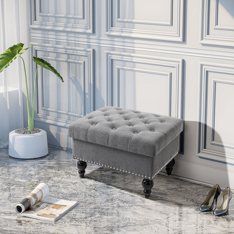 Repose-pieds avec rangement pour le salon, repose-pieds de rangement de 25 po avec couvercle amovible, banc en tissu capitonné pour repose-pieds et siège avec pieds en bois, gris