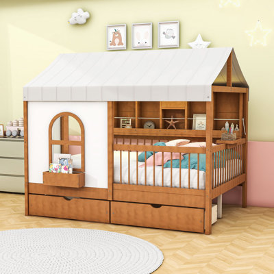 Full Size Wooden House-Shaped Bed With Charging Board, Shelf, Drawers And LED Strip