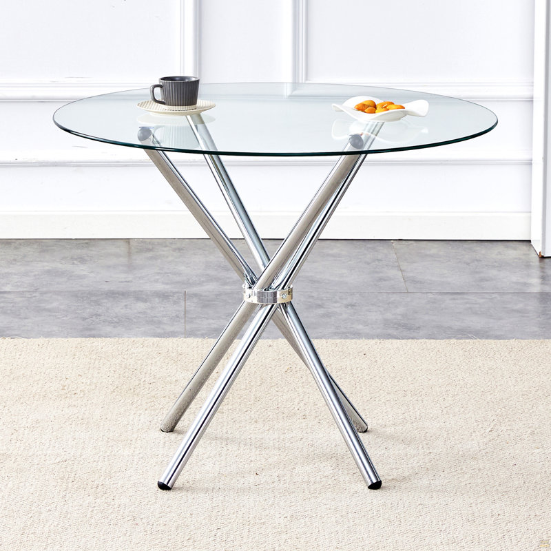 Round Clear Glass Dining Table With A Unique Shape For 4-6 People, With Ring-Shaped Gathered Silver Metal Legs