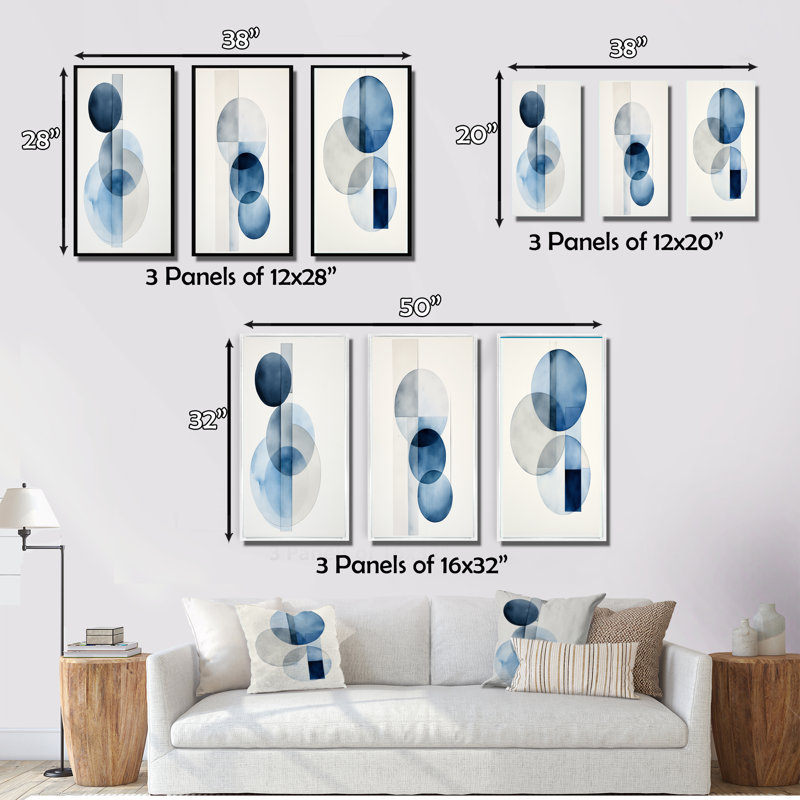 3 pièces sur toile - Unité orbitale minimale en bleu rétro II, Cadre flottant noir, H 28 po x l 36 po