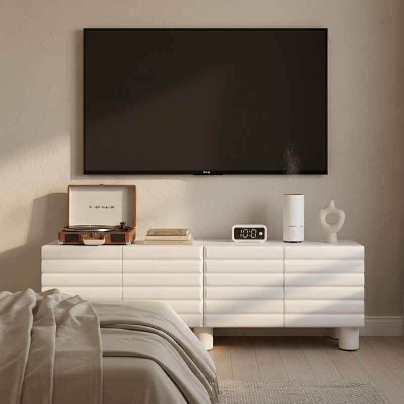 Modern Winter White Wavy-Door Media Storage Console with Adjustable Shelves & Cylindrical Legs, Fits TVs up to 75", White