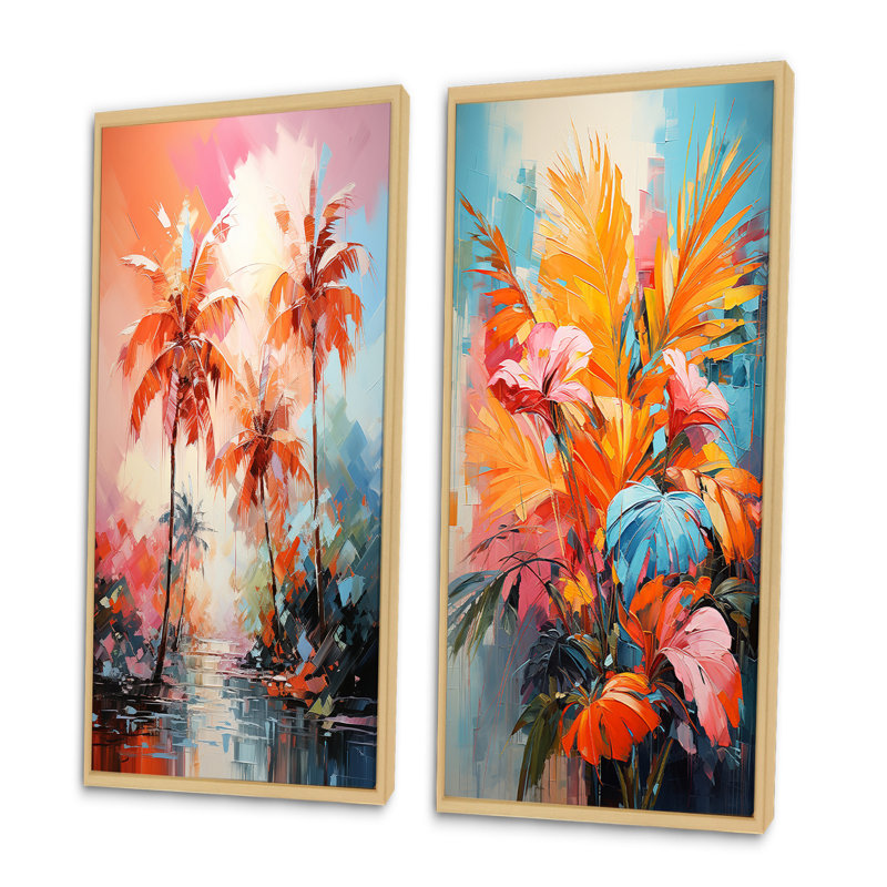 «Orange Pink Palm Trees Abstract», 2 pièces, Encadrement brun, H 32 po x l 32 po