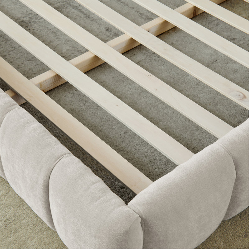 Structure de lit rembourrée avec tissu épais en chenille et lit plateforme avec tête de lit et structure solide, Beige