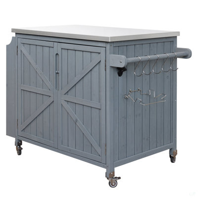 42.1" Outdoor Kitchen Island With Side Shelf, Outdoor Grill Cart With Storage Cabinet, Outdoor Kitchen Cabinet With Stainless Steel Top,  Adjustable Shelf And 4  Wheels For Pizza Prep