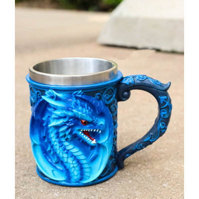 Gothic Fantasy Blue Ice Frost Dragon Tankard Mug With Stainless Steel Liner