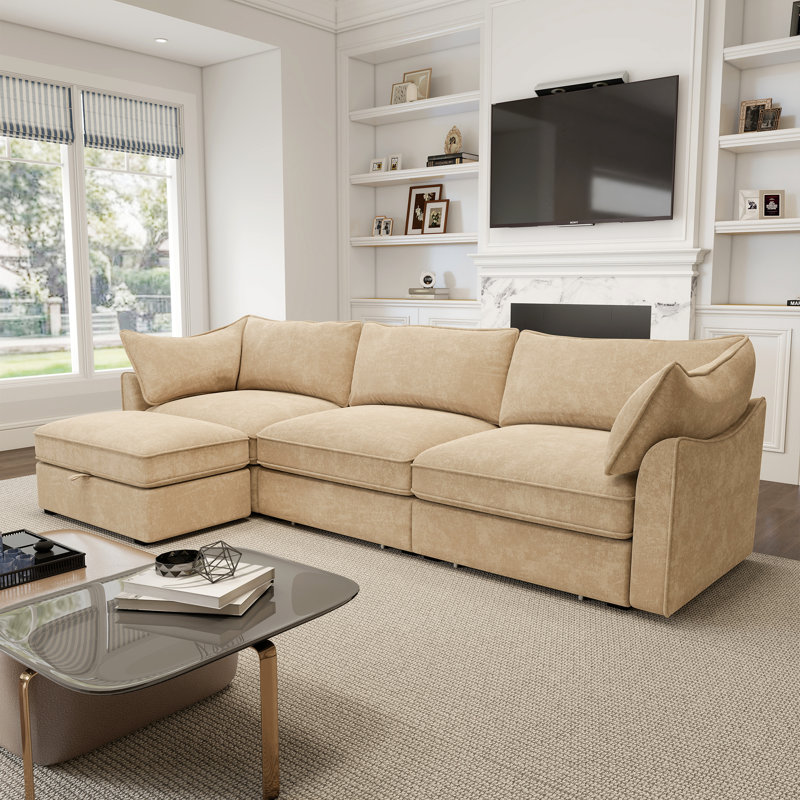 L-shape  Rsectional Sofa Couch, Sofa With 1 Movable Ottoman,chenille, 31.4" H x 112.6" W x 56.6" D, 3, Wheat