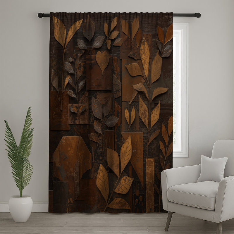 Rideau brun à motif de feuille d'art, 50 po x 92 po - 1 panneau, Transparent