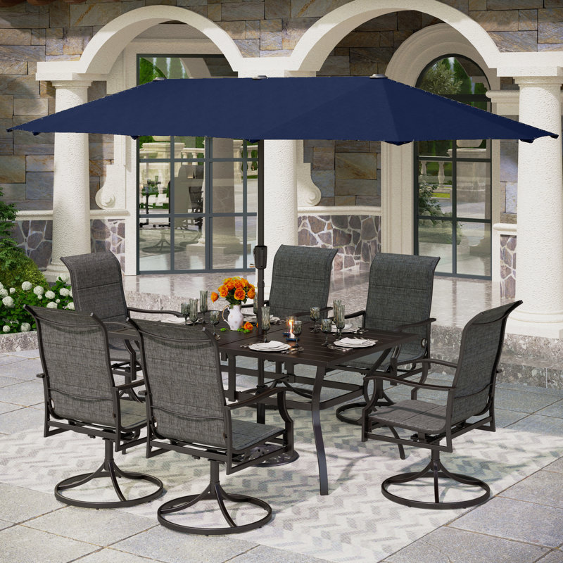 Ensemble repas 8 pièces avec parasol Leonard, Bleu