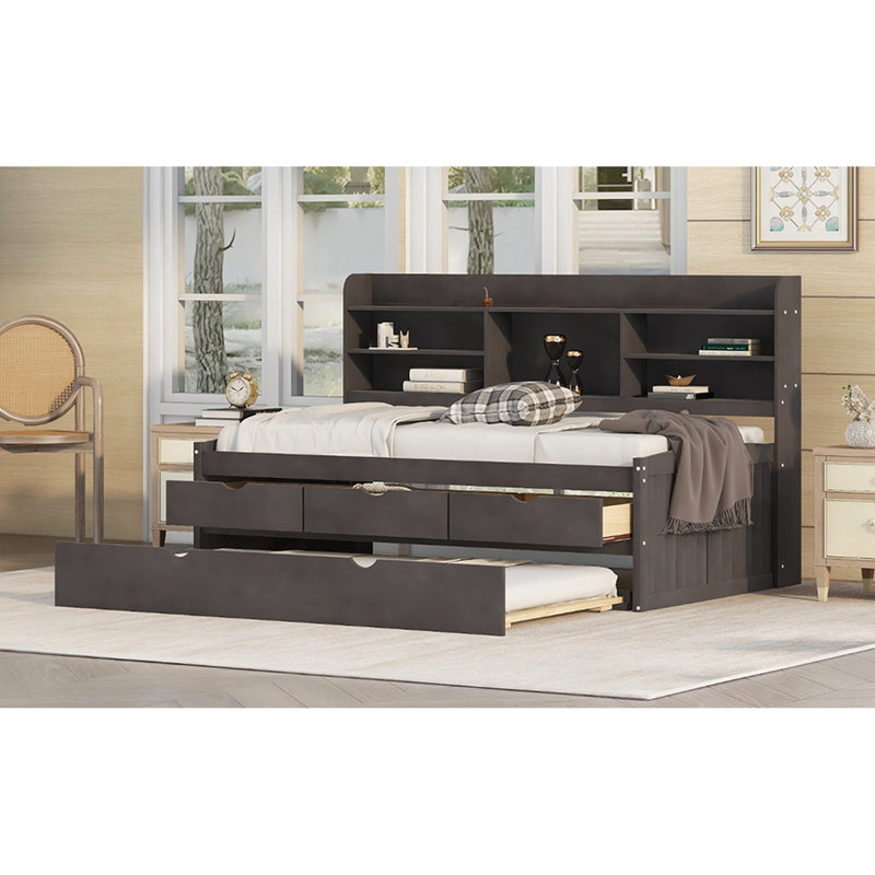 Lit simple gris antique en bois avec tête de lit bibliothèque, bibliothèque de rangement et de lit gigogne à 3 tiroirs