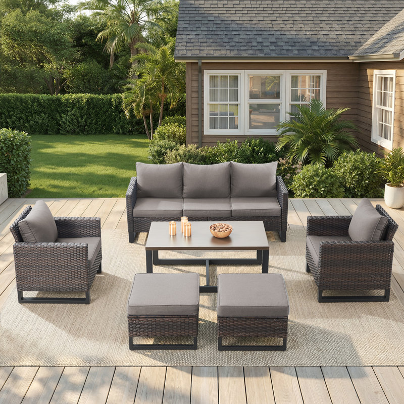 Ensemble de conversation pour patio pour 5 personnes avec coussins, gris, Brun