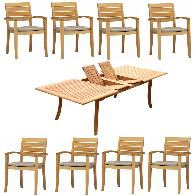 8 Seats 9 Pcs Grade-A Teak Wood Dining Set: 94" Double Extension Rectangle Table And 8 Travota Stacking Arm Chairs #11TV2008
