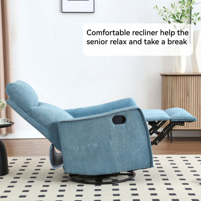 Heat Massage Manual Recliner Chair With Rocker And Swivel In Fabric For Living Room, Blue