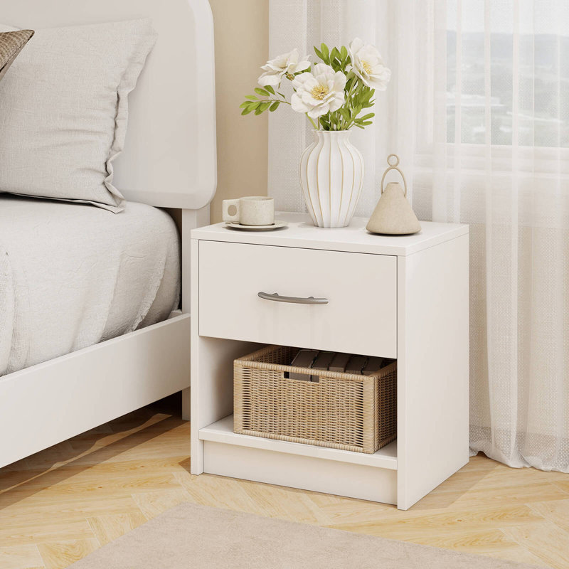 Modern Nightstand Bedside Table With Drawer Open Storage Shelf For Small Spaces, White