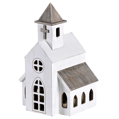 Figurine White Church Steeple Wood 11.5h