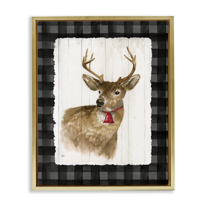 Cerf avec cloche rouge, art giclée par Nan, H 17 po x l 21 po, Cadre flottant métallique doré