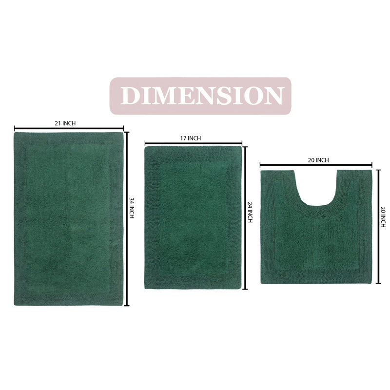 Bruss Luxury 100% Cotton Bath Rug (Set of 3) Reversible, Bottle Green