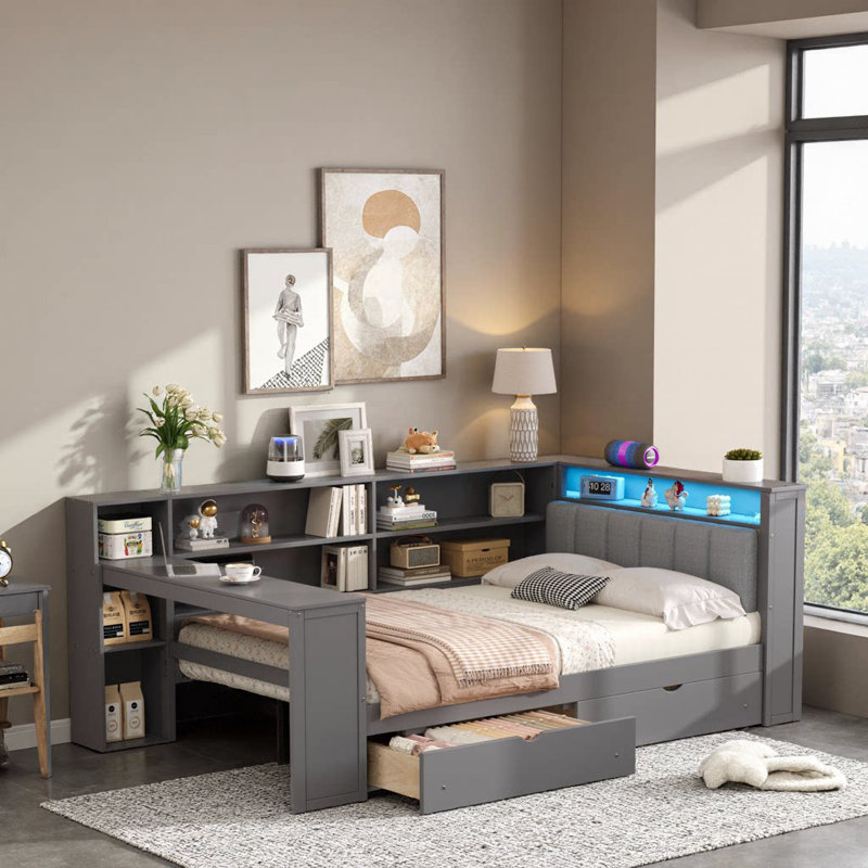 Lit plateforme en bois avec tablettes de rangement, tiroirs, charge USB, tête de lit à DEL et bureau intégré, Gris