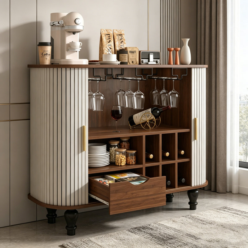 Armoire à boissons cannelée pour boissons alcoolisées et café avec 6 porte-bouteilles, 3 porte-verres et un grand tiroir de rangement, design moderne Mid-Century