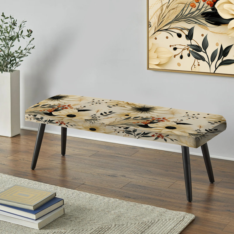 Motif de chrysanthèmes noirs et beiges - Banc rembourré floral noir