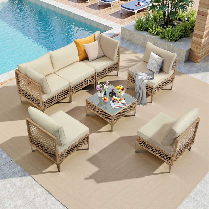 7 Piece Outdoor Wicker Patio Furniture Set, Rattan Sectional Sofa Couch, Patio Conversation Set With Cushion & Coffee Table, For Backyard Poolside Porch Garden