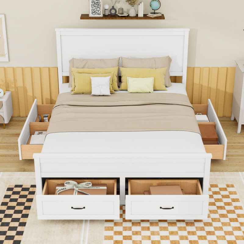 Grand lit plateforme avec six tiroirs de rangement intégrés et une tête de lit élégante, Blanc