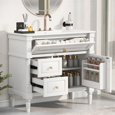 Meuble-lavabo blanc de 91 cm (36 po) avec lavabo simple, tiroir rabattable, tablette réglable, structure en bois massif, lavabo en céramique autoportante de 91 cm (36 po), deux tiroirs et une porte intérieure.