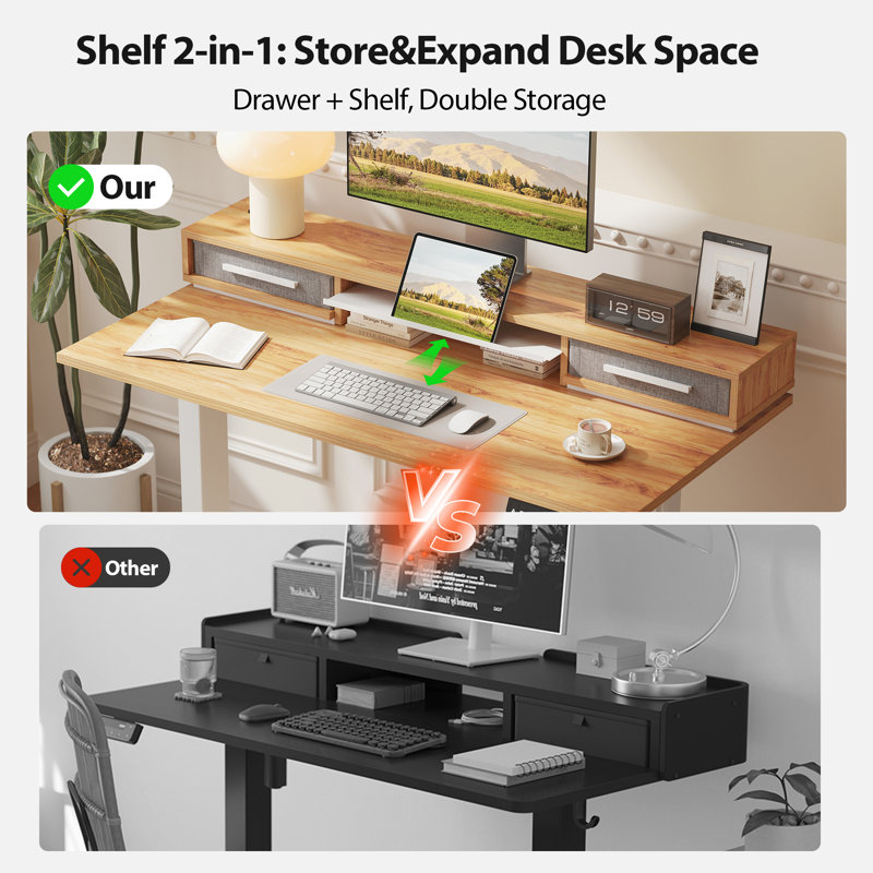 48" Electric Standing Desk With Drawers, Height Adjustable Desk With Retractable Storage Shelf, Stand Up Home Office Computer Table