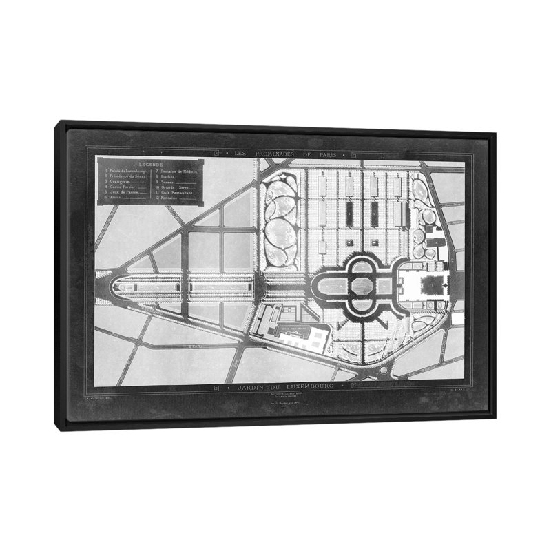 « french jardin blueprints ii », impression sur toile, H 40 po x l 60 po x P 1,5 po, Toile avec cadre noir, Pas de tapis