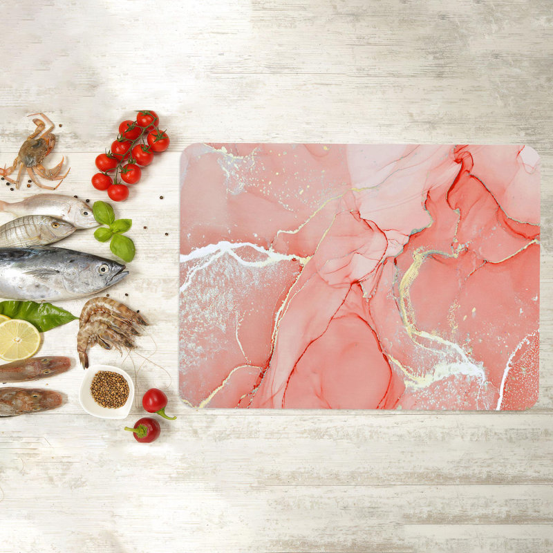 Coral and Gold Marble Pattern Glass Serving Board with Shimmery Finish, 7.9" x 11.8"