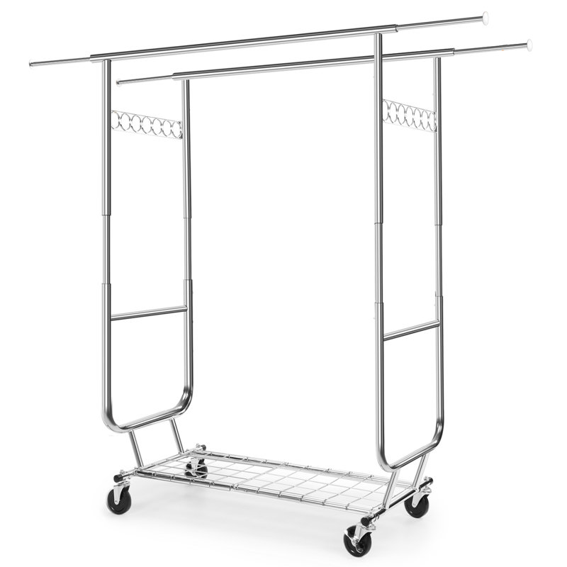 Heavy Duty Silver Metal Rolling Clothes Rack with Shelves