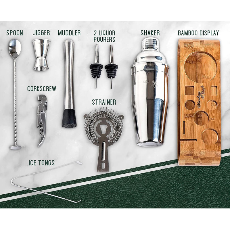 Stainless Steel Bartending Set with Bamboo Rack and Tools