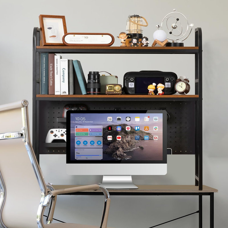 Étagère de bureau, huche de bureau avec panneau perforé en métal, support de présentation à 2 niveaux, 4 accessoires, organisateur de rangement de bibliothèque de bureau polyvalent
