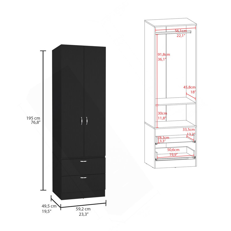 Armoire-penderie à armoire haute 76 po avec 2 tiroirs Vico, Noir