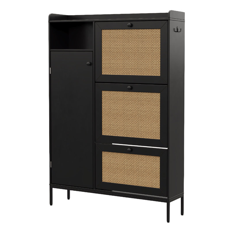 51 inch Black Rattan Shoe Cabinet with 3 Turn over Drawers Adjustable Shelves Narrow Freestanding Shoe Rack for Entryway Hallway Closet