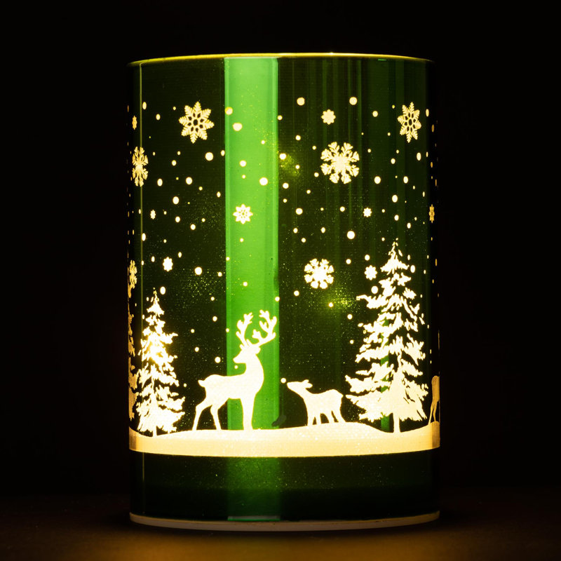 13cm Christmas Decorated Vase Lamp with Warm White LED Forest Scene Glass Table Decoration, Green