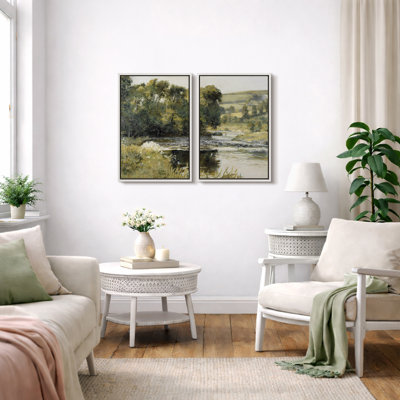 "Lake River Landscape", "Green Woodland Stream", images de campagne pastorale, impression sur toile encadrée, ensemble de 2 impressions murales 16 x 24 x 2, 24 x 36 x 2