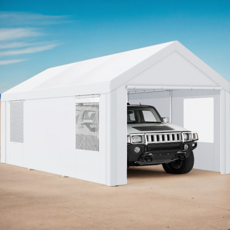 10'Wx20'D Heavy Duty Portable Garage, Upgraded Carport with Built-in Sandbags, White